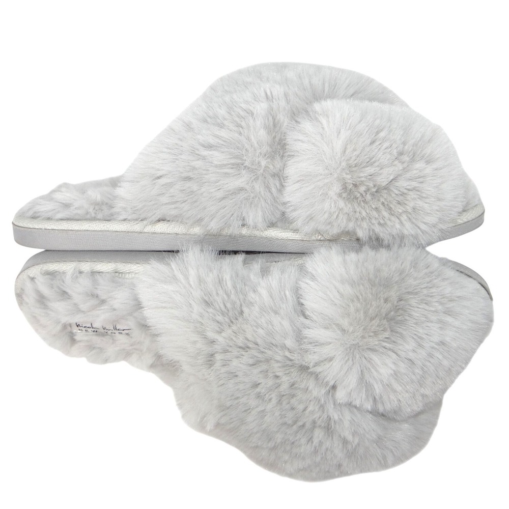 Nicole Miller New York Womens Faux Fur Criss Cross Slippers Grey Size M 6.5-7.5 - Picture 1 of 8